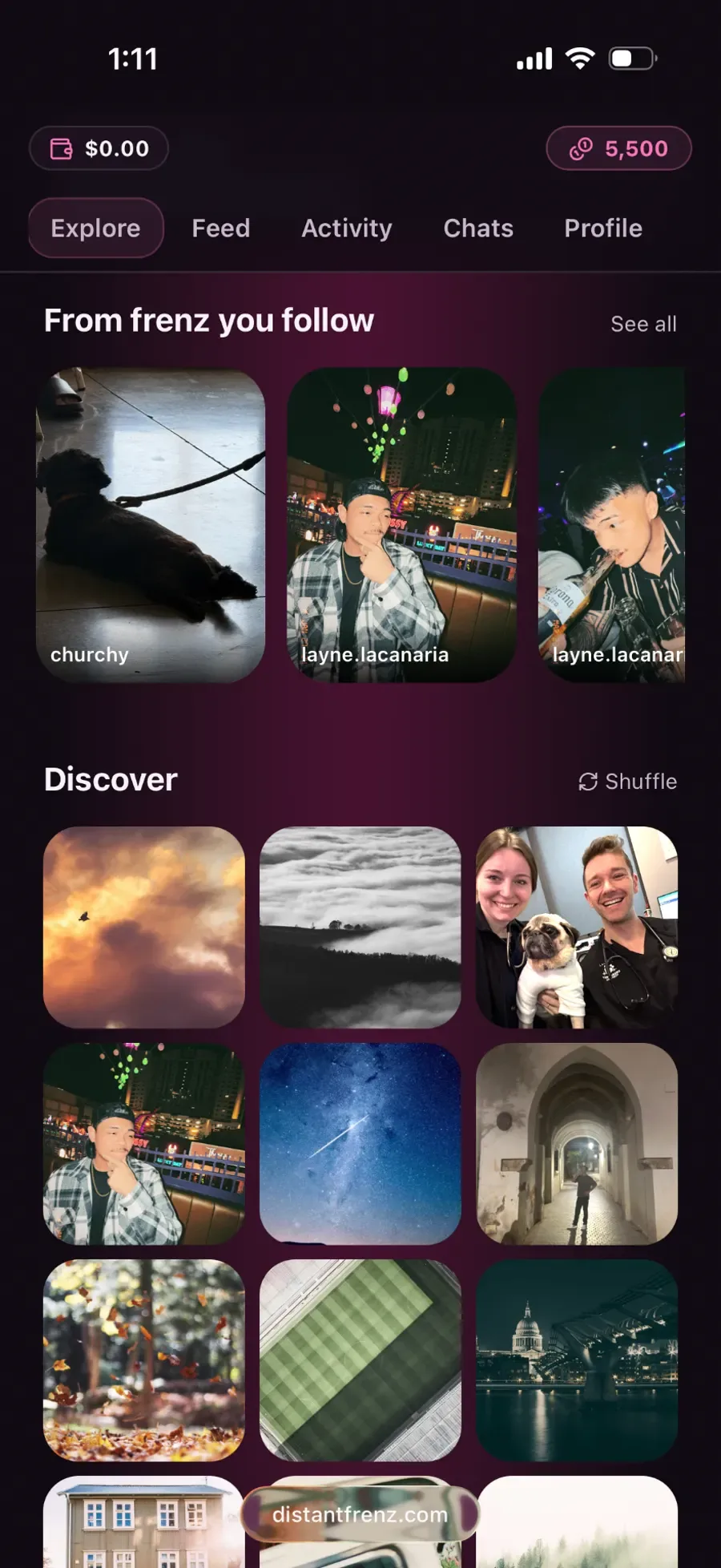 DistantFrenz Explore tab with frenz you follow and Discover grid